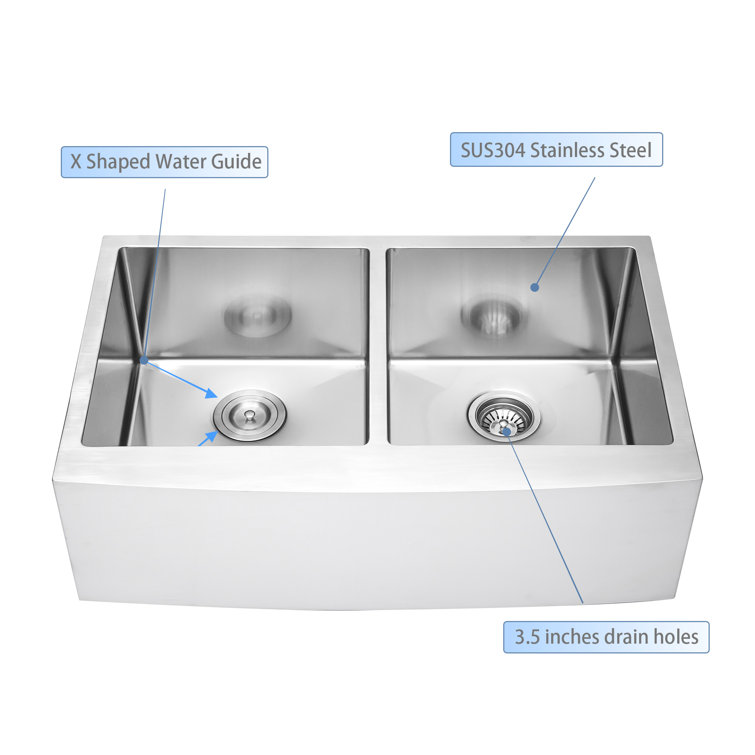 33'' Brushed Stainless Steel Double Bowl Farmhouse Kitchen Sink with Accessories