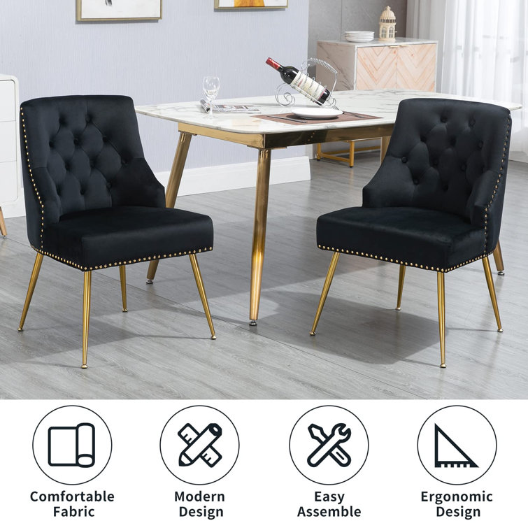 Black Velvet Tufted Side Chairs with Gold Metal Legs, Set of 4