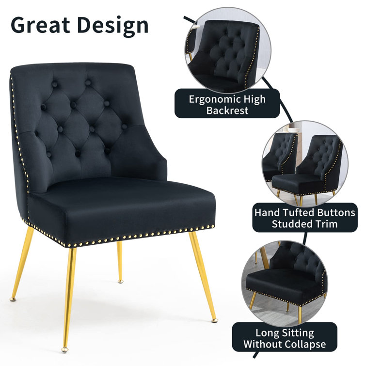 Black Velvet Tufted Side Chairs with Gold Metal Legs, Set of 4