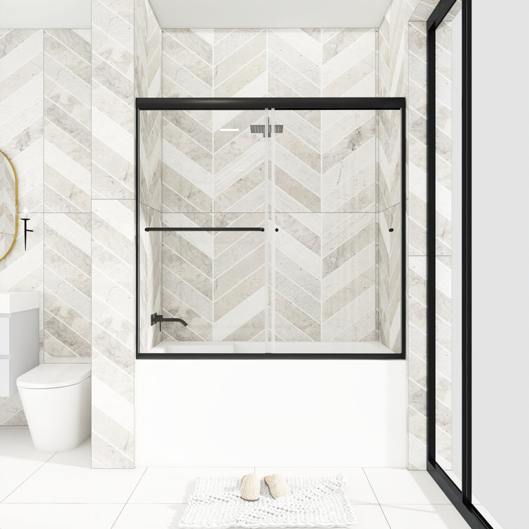 Black Framed Double Sliding Tub Door with Clear Tempered Glass