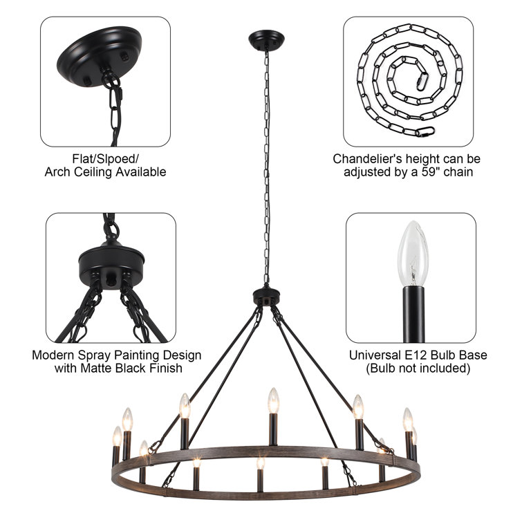 38'' Black Metal Wagon Wheel Candle Chandelier