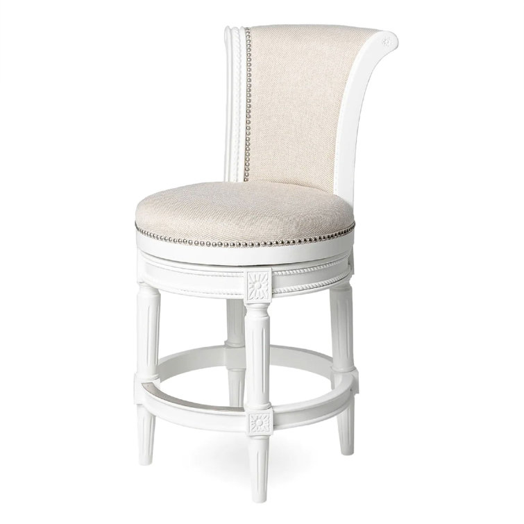 Alabaster White Leather-Wood Swivel Counter Stool with Nailhead Trim