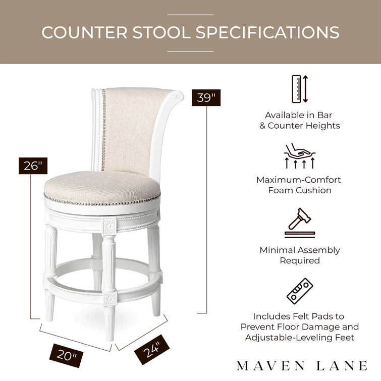 Alabaster White Leather-Wood Swivel Counter Stool with Nailhead Trim