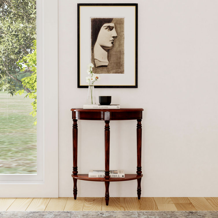 Traditional Demilune Console Table in Cherry Brown with Storage