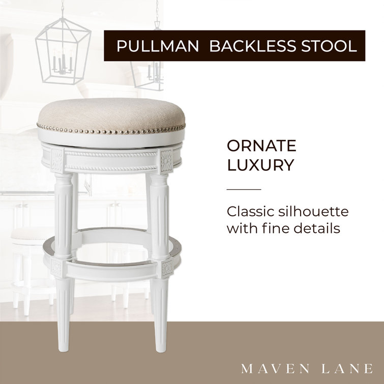 Alabaster White Swivel Backless Bar Stool with Hand-Carved Wood
