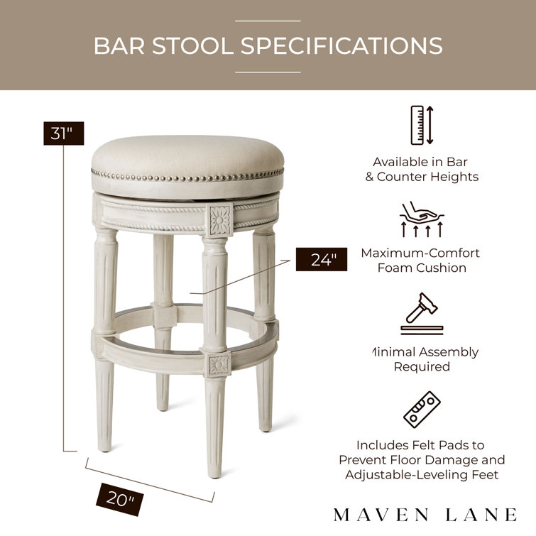 Alabaster White Swivel Backless Bar Stool with Hand-Carved Wood