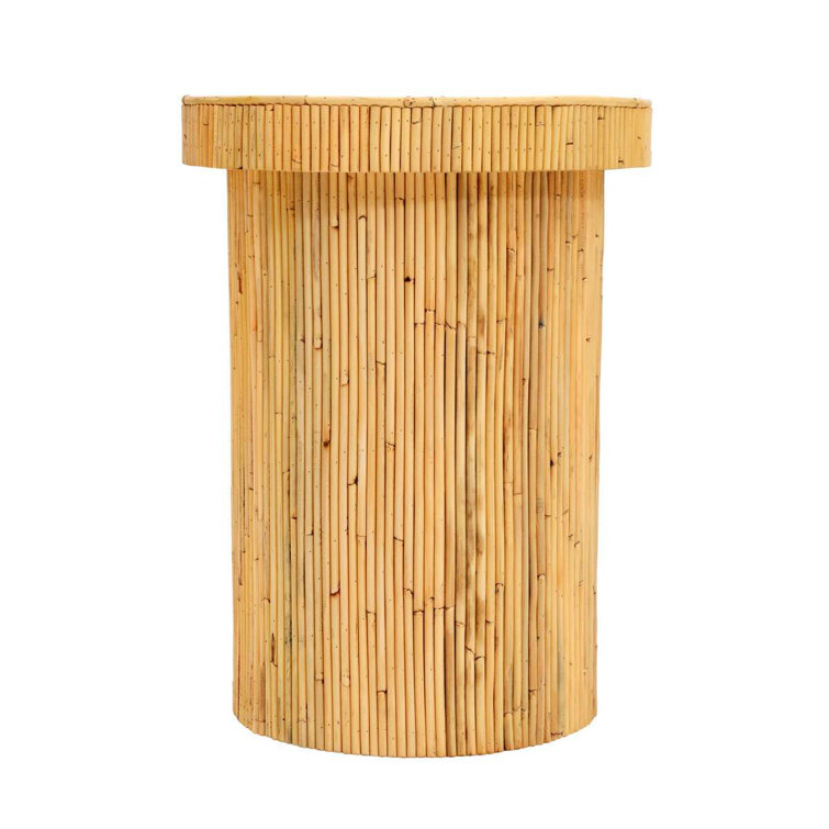 Round Ribbed Rattan and Mahogany Side Table