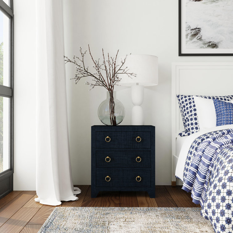 Navy Oak Raffia 3-Drawer Nightstand with Brass Pulls
