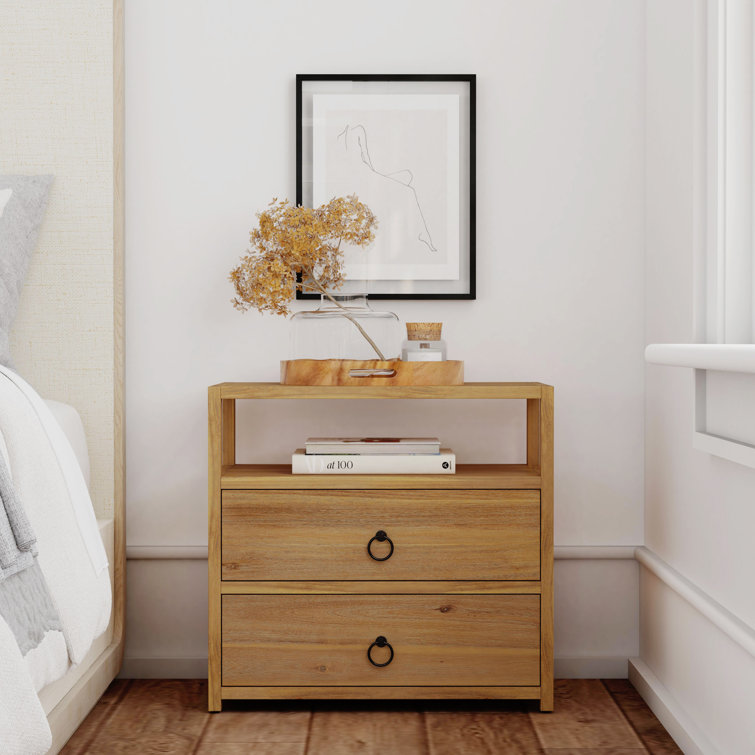 Natural Acacia 2-Drawer Nightstand with Open Shelf