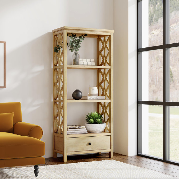 Lorena 30"W Beige Wood 3-Tier Etagere Bookcase with Drawer