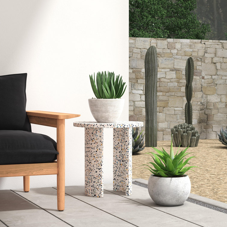 White Terrazzo Round Outdoor Side Table with Crescent Legs