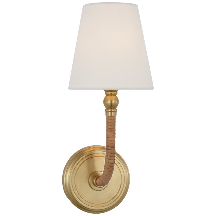 Antique Brass and Rattan Wall Sconce with Linen Shade