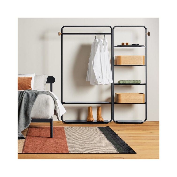 White Metal and Wood Garment Rack with Shelves