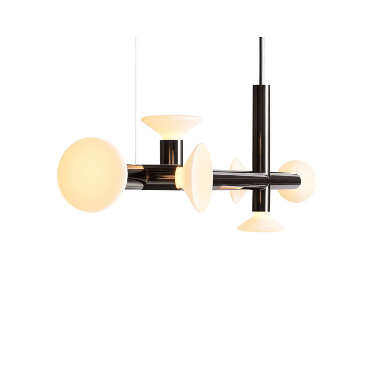 Ultra Black Nickel Steel Linear Chandelier with Handblown Glass Shades