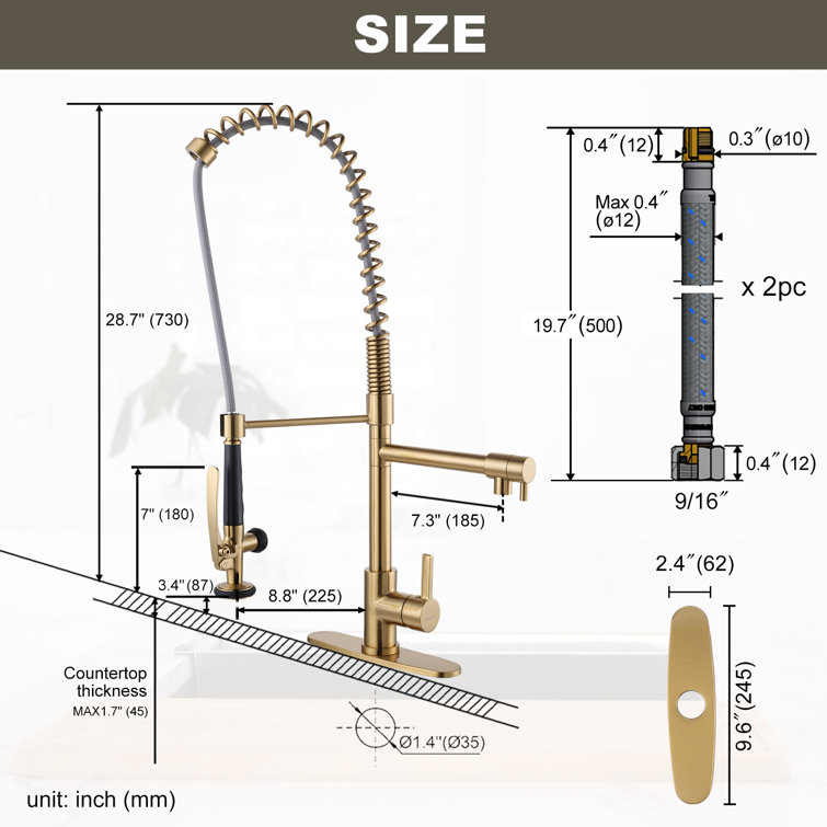 Gold Deck Mounted Double Handle Pull Down Sprayer Kitchen Faucet