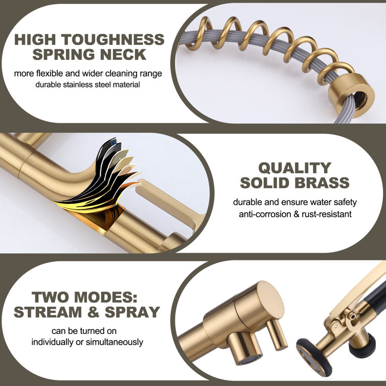 Brushed Gold Commercial High-Arc Kitchen Faucet with Pull-Out Spray