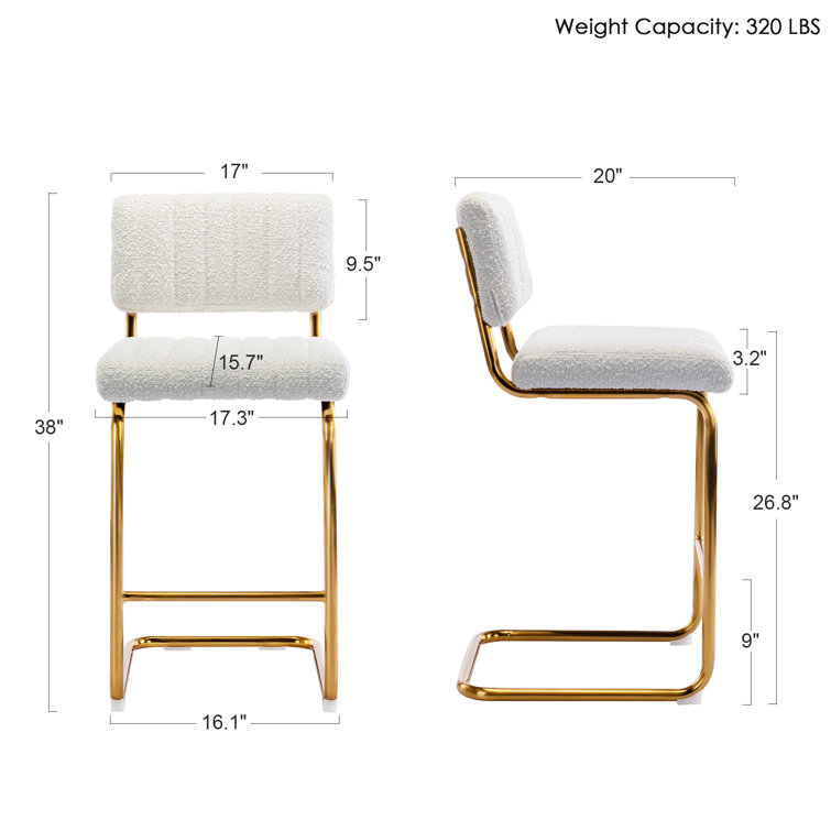 White Boucle Upholstered Counter Stools with Gold Metal Base, Set of 2