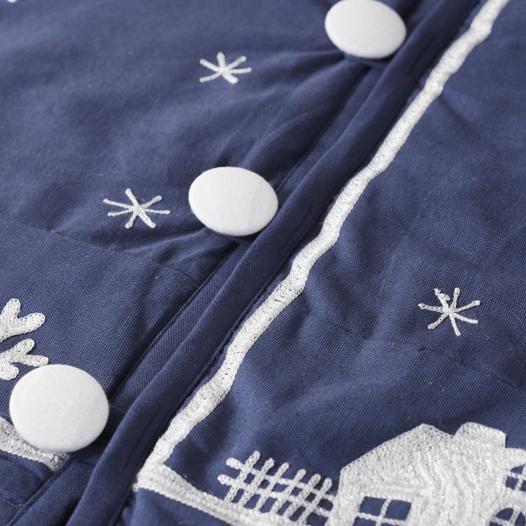 Handmade Navy Blue Cotton Christmas Tree Skirt with Village Scene - 60 Inches