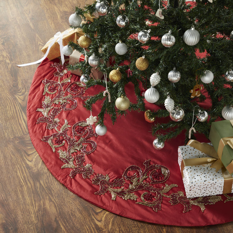 Large Red Velvet Christmas Tree Skirt with Gold Beaded Border