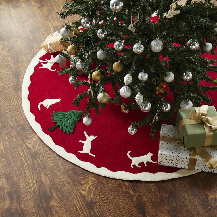 Hand-Felted Red Wool Christmas Tree Skirt with Cats and Trees