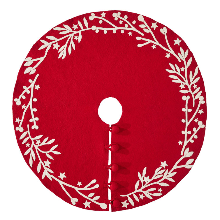 Handmade Red Felt Christmas Tree Skirt with Cream Branches and Stars - 60"