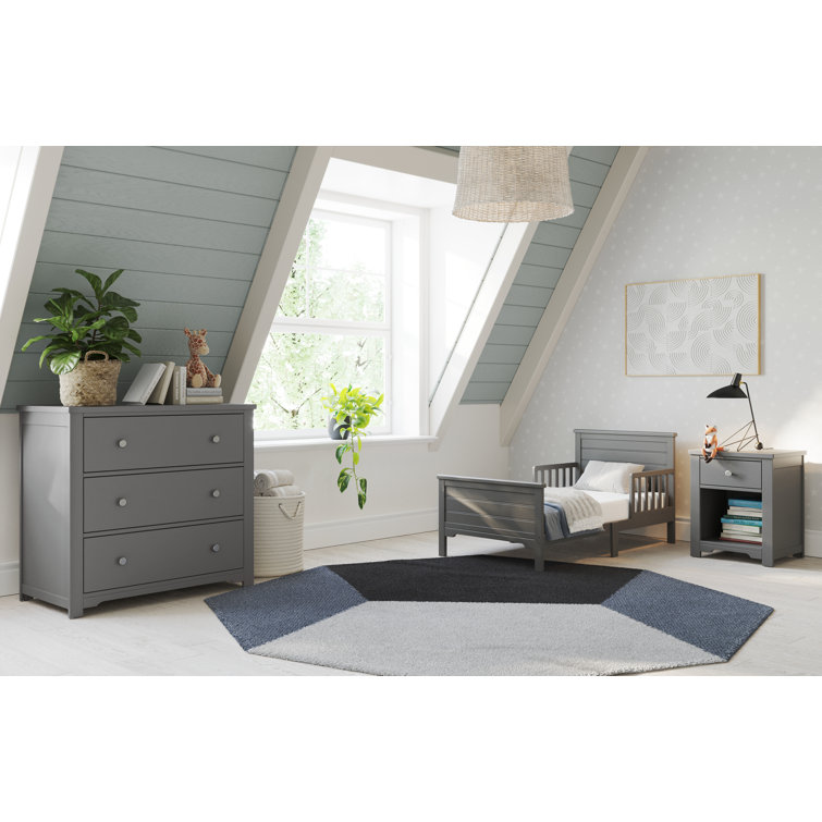 Brushed Pebble Pine Wood Nightstand with Drawer and Shelf