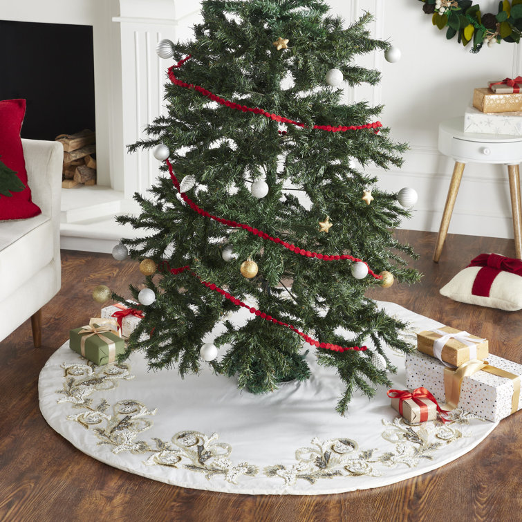 Hand Beaded Cream Silk Christmas Tree Skirt, 60" Diameter