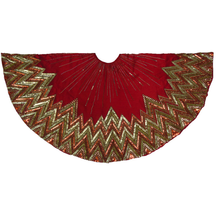 Handmade Garnet Red and Gold Beaded Christmas Tree Skirt