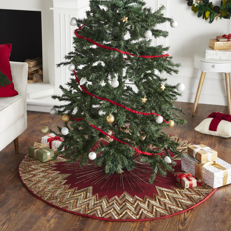 Handmade Garnet Red and Gold Beaded Christmas Tree Skirt