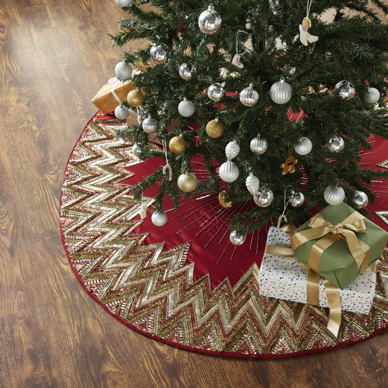 Handmade Garnet Red and Gold Beaded Christmas Tree Skirt