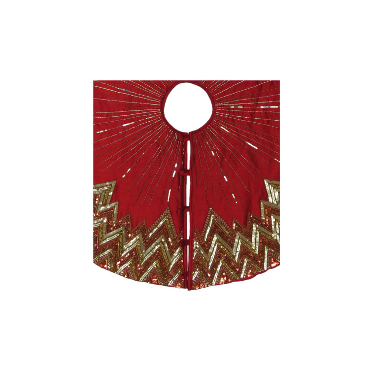 Handmade Garnet Red and Gold Beaded Christmas Tree Skirt