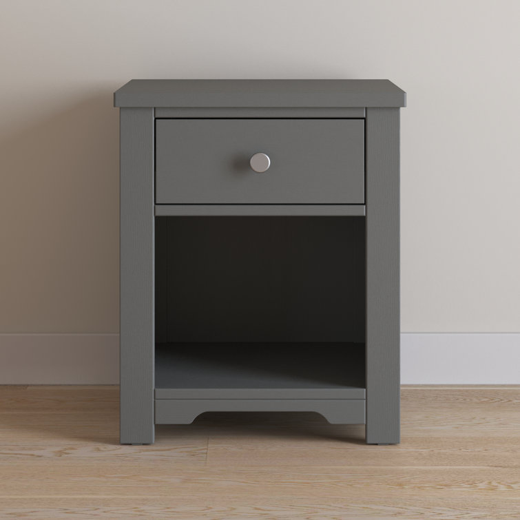 Brushed Pebble Pine Wood Nightstand with Drawer and Shelf