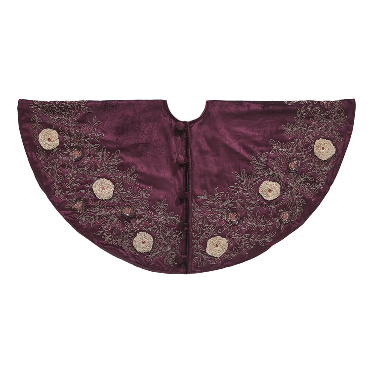 Hand Beaded Burgundy Velvet Floral Christmas Tree Skirt