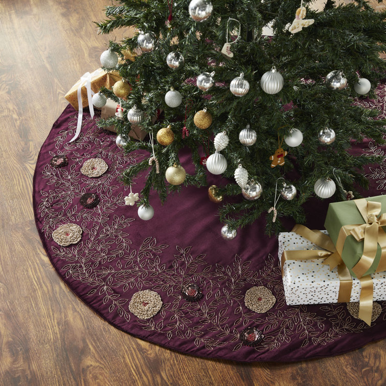 Hand Beaded Burgundy Velvet Floral Christmas Tree Skirt