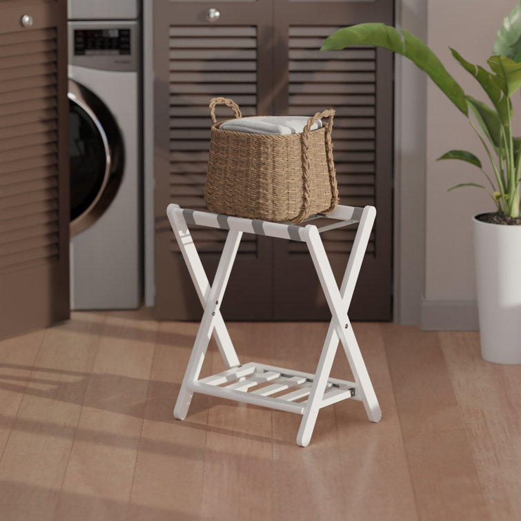 White Folding Wood Luggage Rack with Shelf