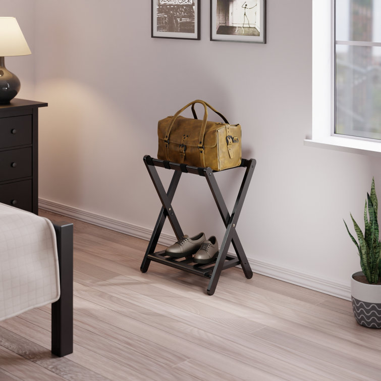 Black Wood Folding Luggage Rack with Shelf