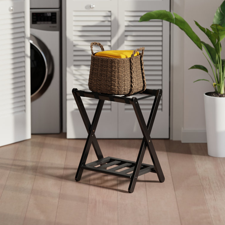 Black Wood Folding Luggage Rack with Shelf