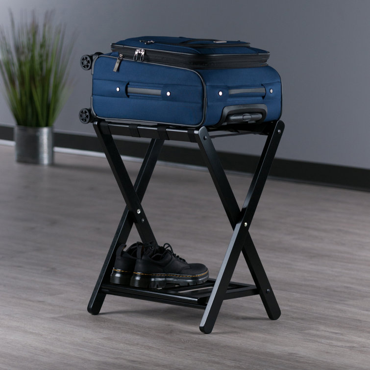 Black Wood Folding Luggage Rack with Shelf