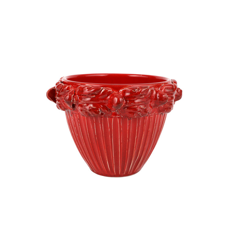 Red Ceramic Indoor Planter with Sculpted Acanthus Leaf Design