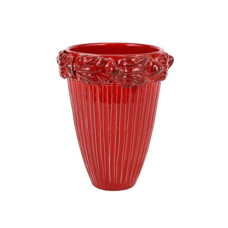 Red Ceramic Indoor Planter with Sculpted Acanthus Leaf Design