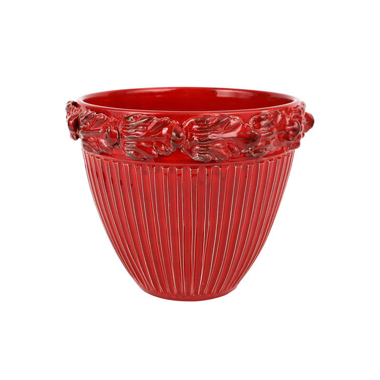 Red Ceramic Indoor Planter with Sculpted Acanthus Leaf Design