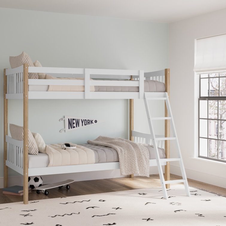 White and Natural Twin Bunk Bed with Wood Frame and Drawer