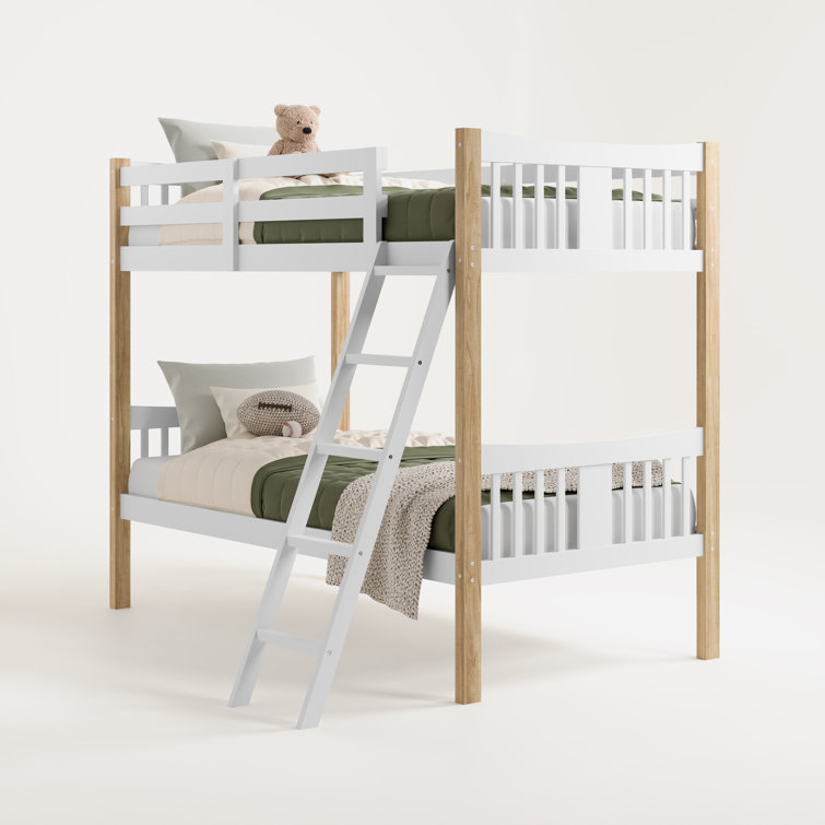 White and Natural Twin Bunk Bed with Wood Frame and Drawer