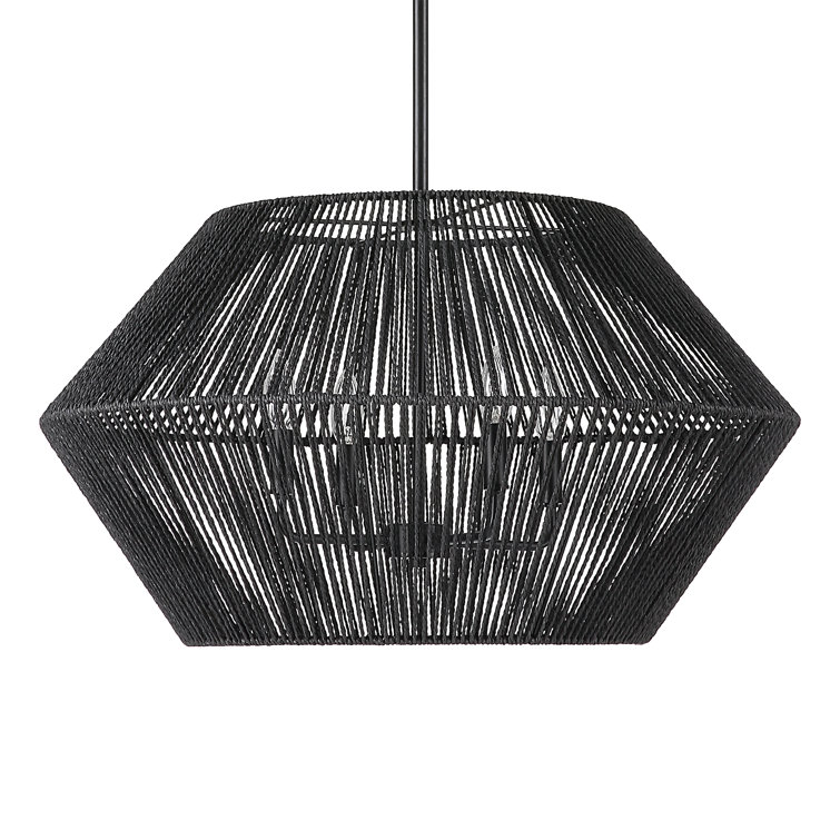 Matte Black Geometric Rattan and Steel 4-Light Pendant