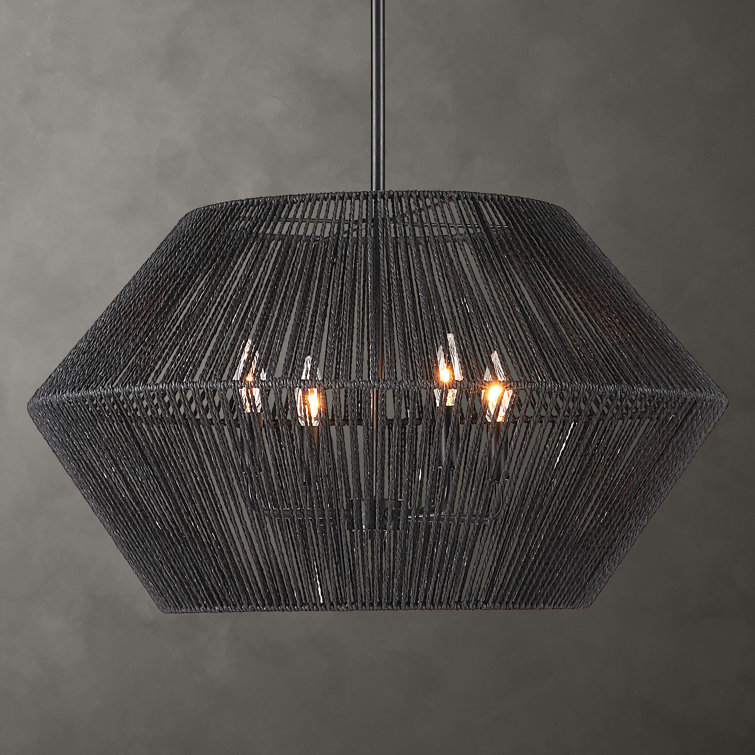 Matte Black Geometric Rattan and Steel 4-Light Pendant