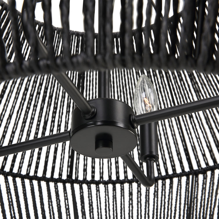 Matte Black Geometric Rattan and Steel 4-Light Pendant