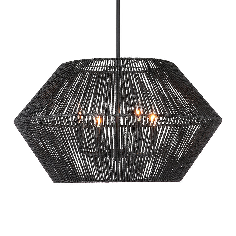 Matte Black Geometric Rattan and Steel 4-Light Pendant