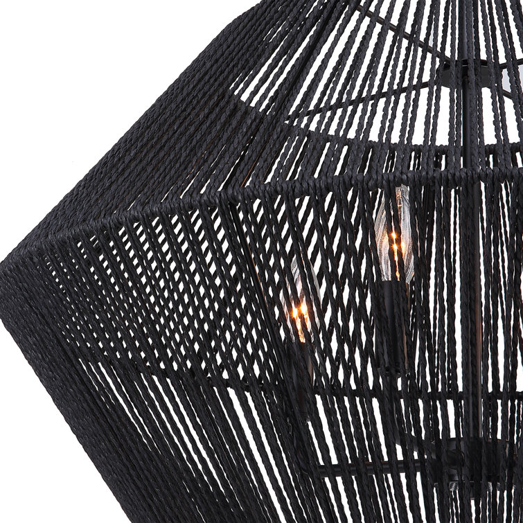 Matte Black Geometric Rattan and Steel 4-Light Pendant