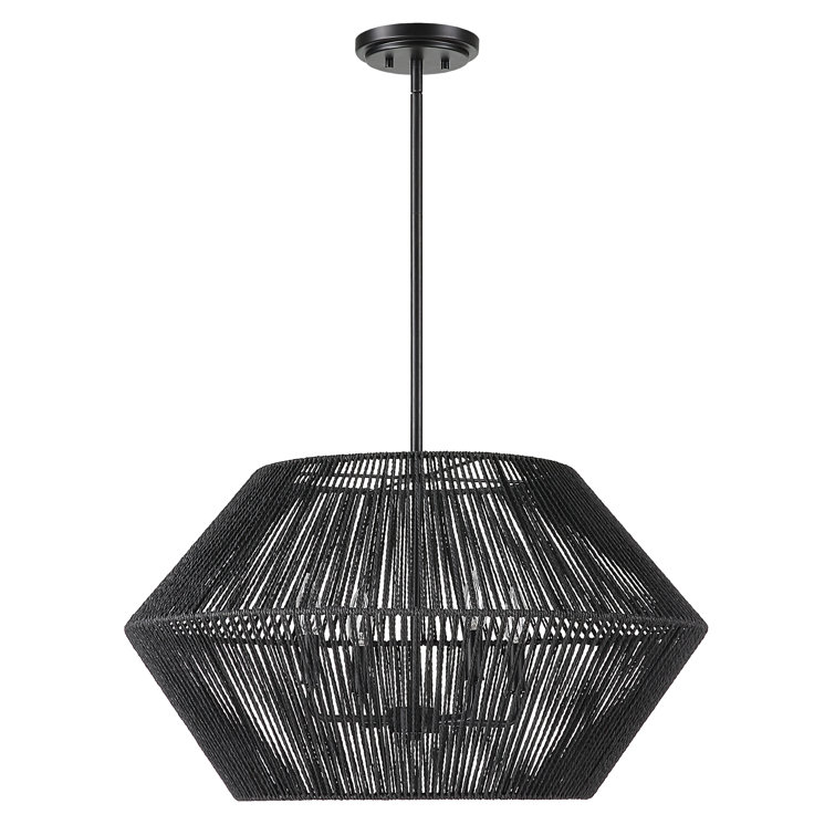 Matte Black Geometric Rattan and Steel 4-Light Pendant