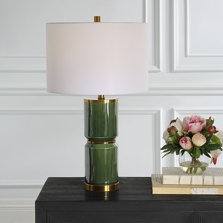Dark Green Iron Table Lamp with White Linen Shade